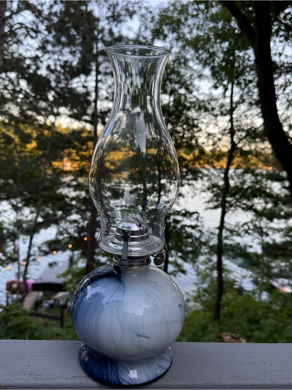 Blue Swirl Hurricane Kerosene Oil Lamp Glass Marbled Prairie CottageCo Homestead